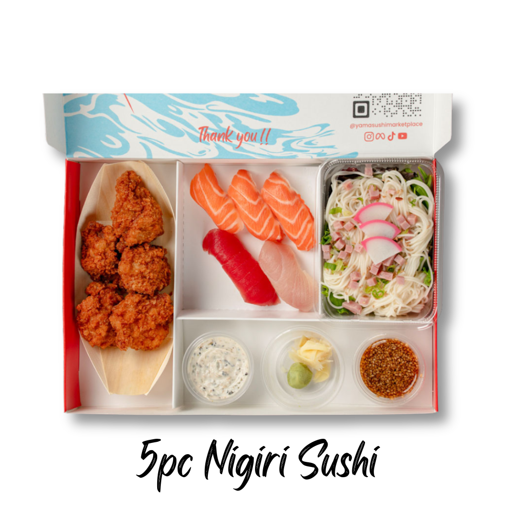 A sushi and fried chicken meal box featuring assorted sushi, fried chicken, noodles, and condiments.