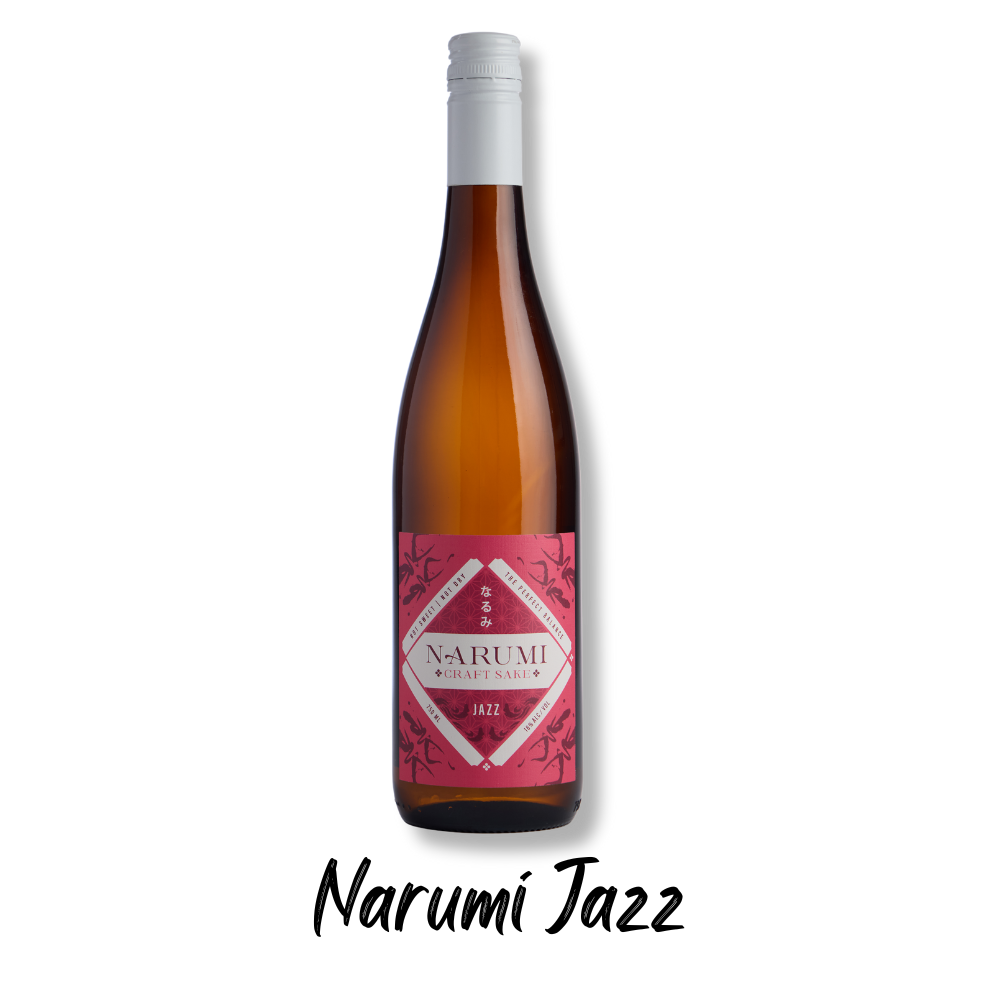 A bottle of Narumi Craft Sake with a pink label featuring decorative elements and the word "JAZZ." The bottle has a white cap.