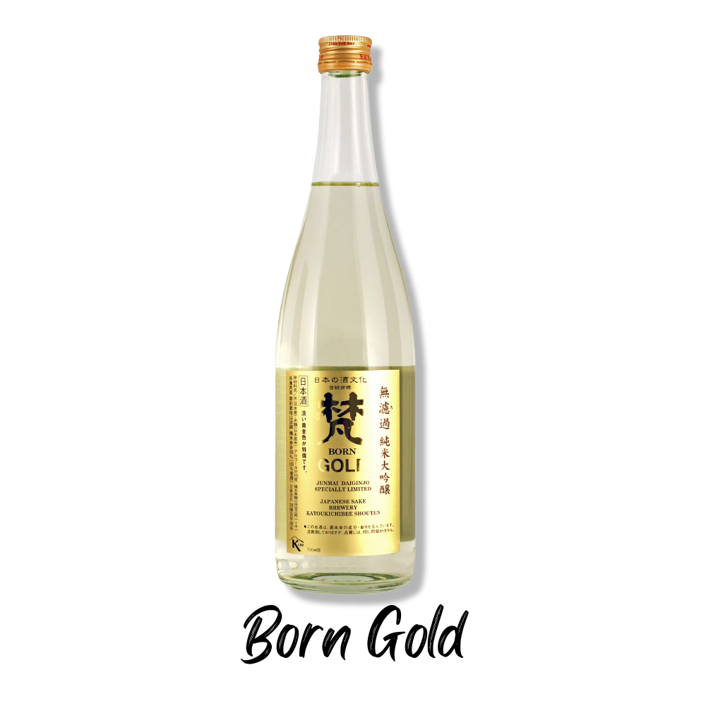 A clear bottle of Japanese sake with a gold label, featuring the text "BORN GOLF" and details about its type and production.