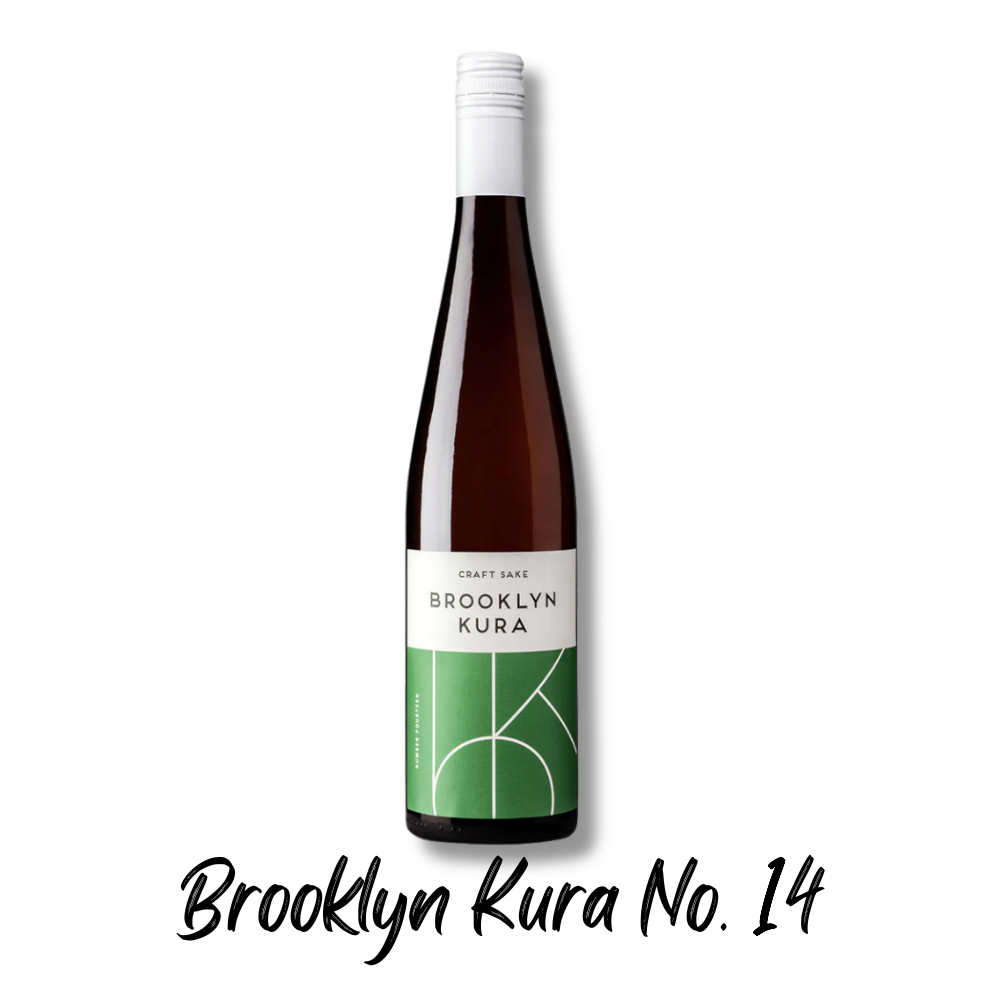 A bottle of Brooklyn Kura craft sake with a modern label featuring green and white design elements.