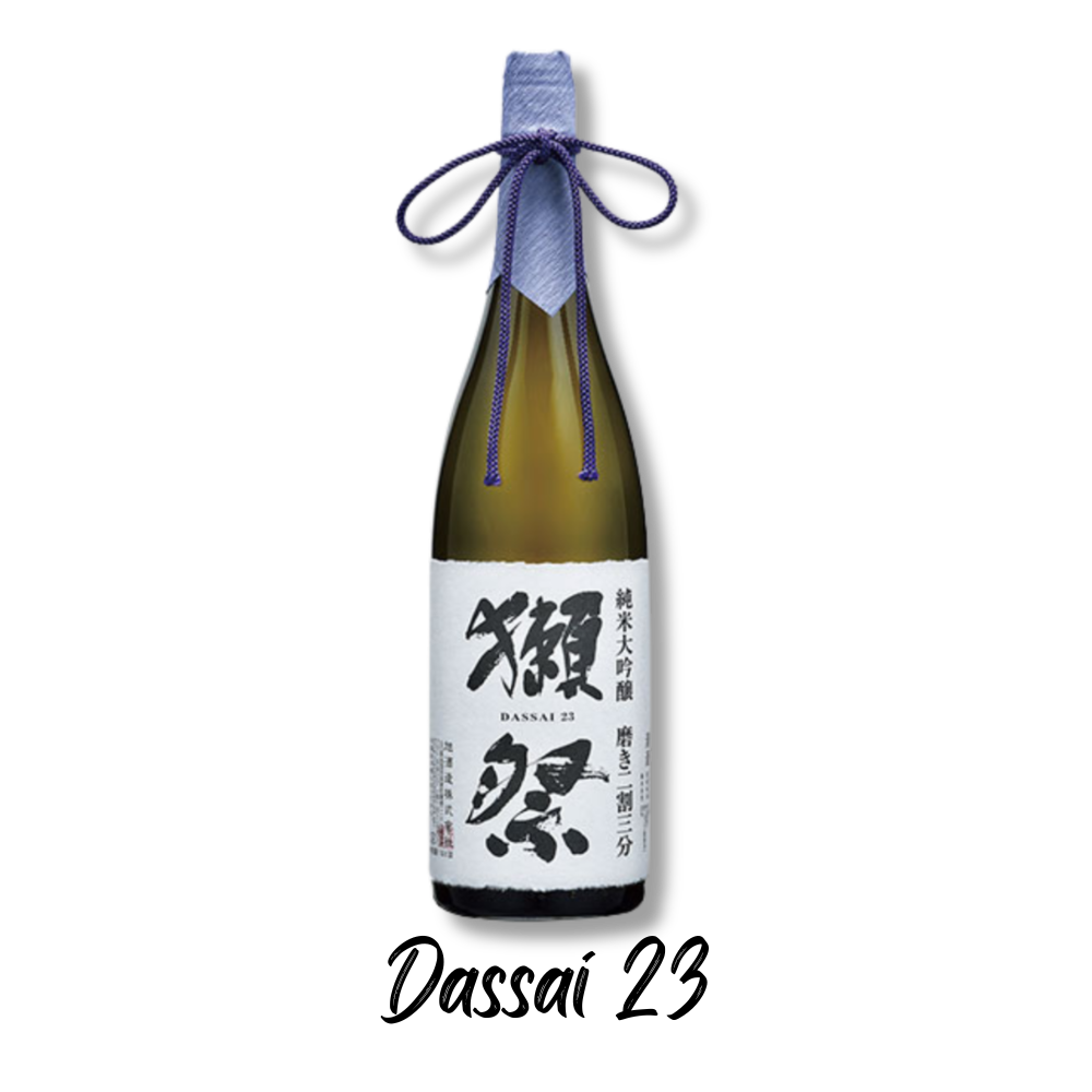A bottle of Dassai 23 sake, featuring a traditional design with a blue ribbon and Japanese characters on the label.
