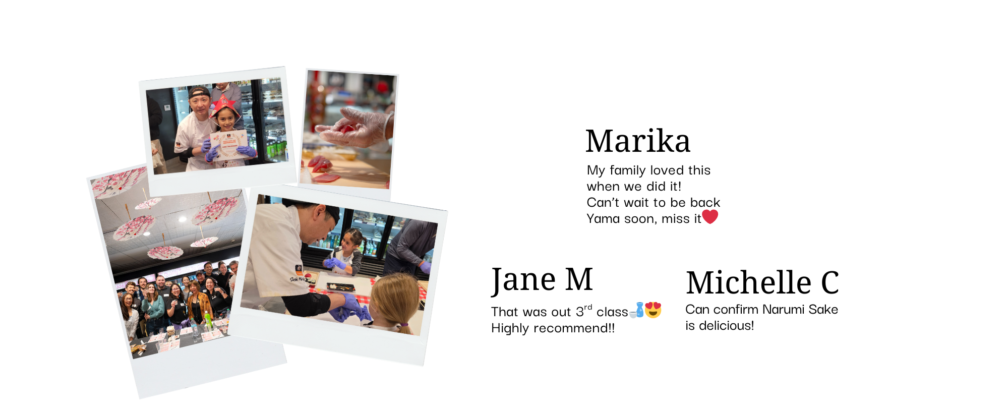 Collage of photos showing people at a sushi-making workshop including a chef, children, and a group photo at a decorated venue.